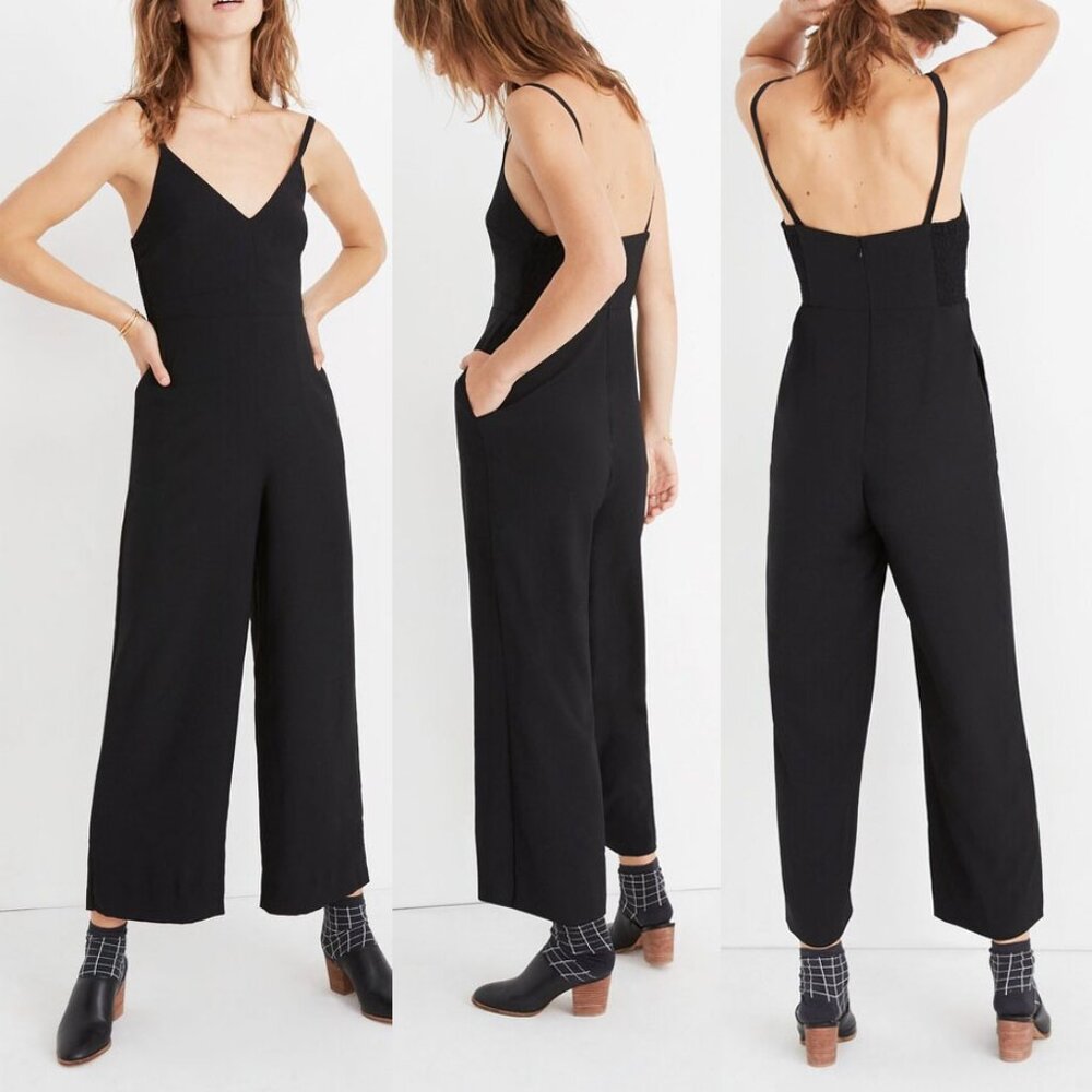 Madewell Thistle Cami Cropped Wide Leg Jumpsuit Black Crepe Size 0 Retro $138